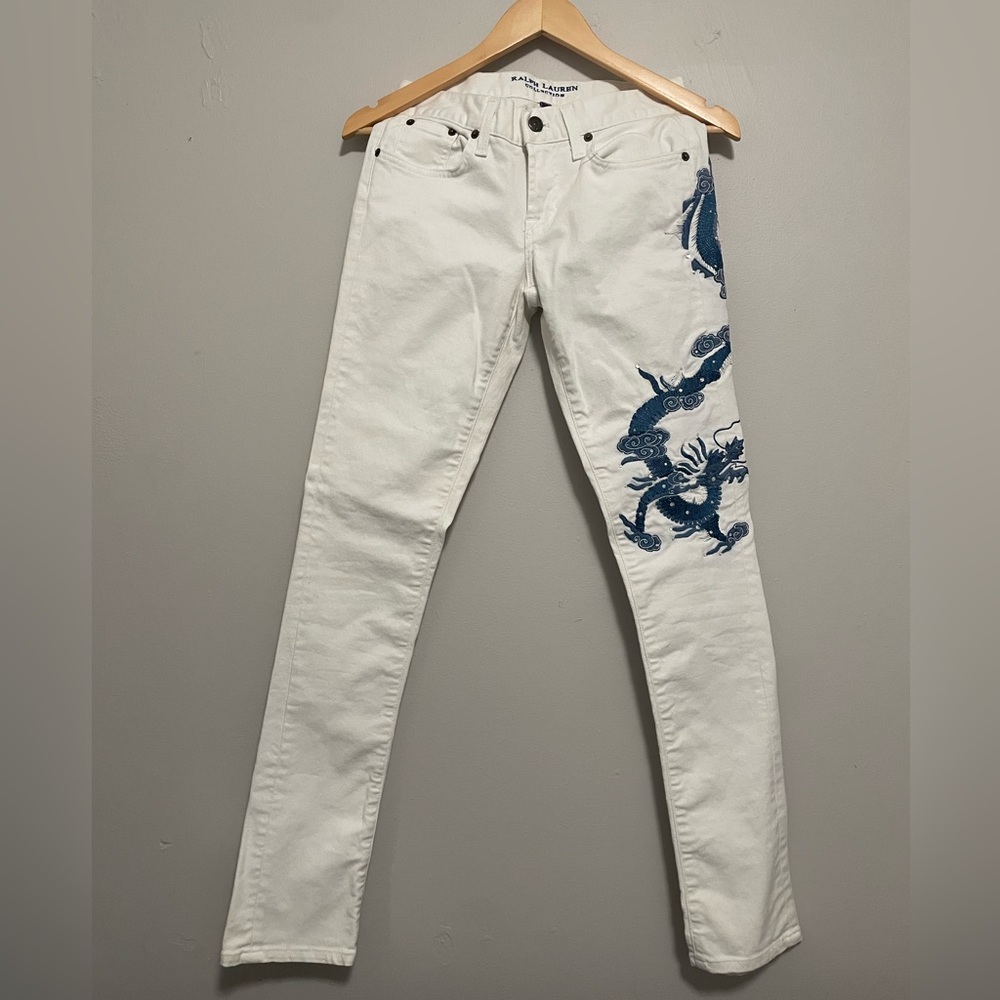 Ralph Lauren White Jeans with Blue Dragon Embroidery